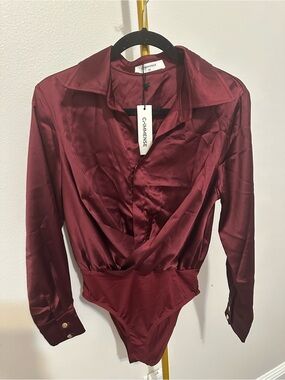 Commense Wine Satin Wrap-Front Long-Sleeve Bodysuit
